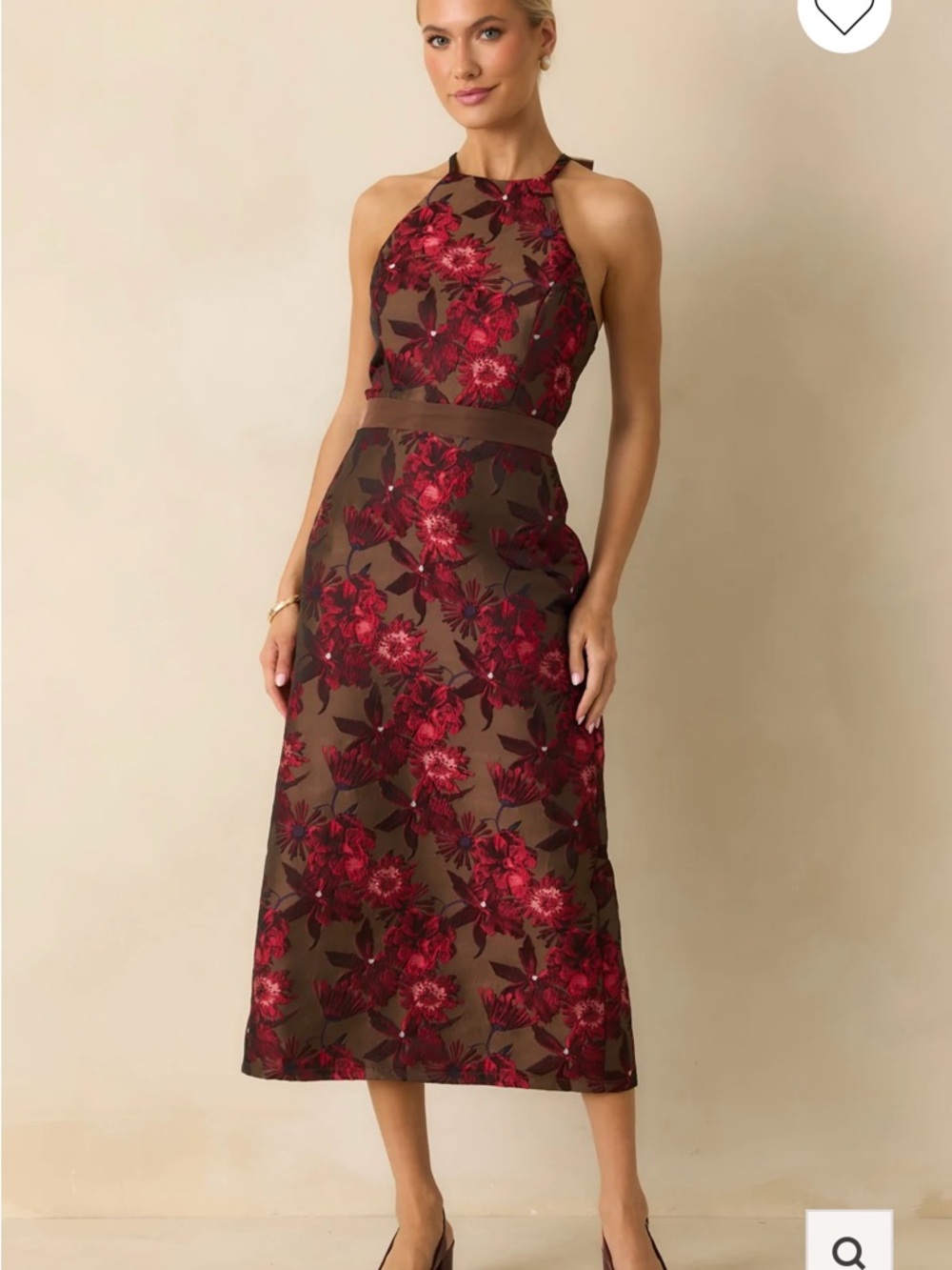 Floral Halter Midi Dress in Brown and Red